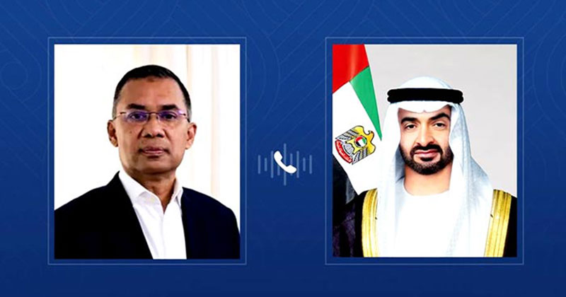 বাংলাদেশের প্রধানমন্ত্রী তারেক রহমান এবং সংযুক্ত আরব আমিরাতের প্রেসিডেন্ট শেখ মোহাম্মদ বিন জাহেদ আল নাহিয়ান