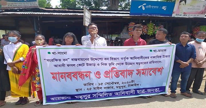 মধুপুরে আদিবাসীদের ফসল কর্তনের প্রতিবাদে মানববন্ধন 