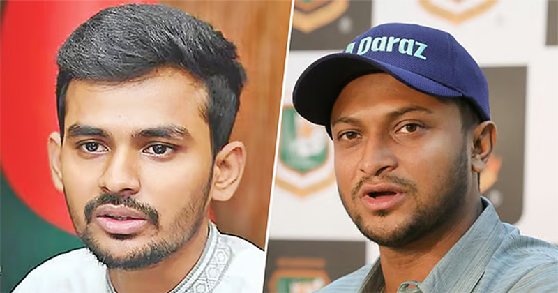  ক্রিকেটার সাকিব আল হাসান (বাঁয়ে) এবং ক্রীড়া উপদেষ্টা আসিফ মাহমুদ সজীব ভূঁইয়া
